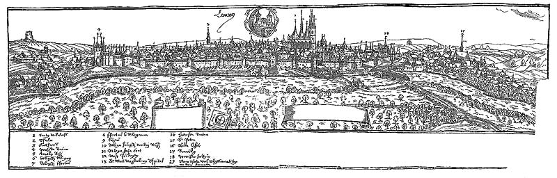 Louny v roku 1600 (kresba Jan Willenberg). Kresba zobrazuje Louny zo severnej strany.